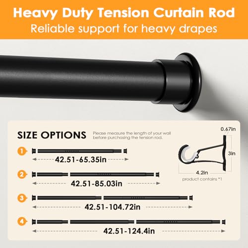 Tension Curtain Rod 43-124 Inches Extra Long Black Heavy Duty | Tension Rods Adjustable Curtain Rod No Drilling Spring Loaded Tension Rod for Windows Patio Curtains and Non Slip - color: Black, size: 43 to 124 inches