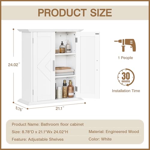 VECELO Freestanding Bathroom Storage Cabinet, Small Floor Cabinet with Doors and Adjustable Shelves, for Kitchen, Living Room, Laundry Room, Entryway, 21.1 x 8.78 x 24.02 Inches, White