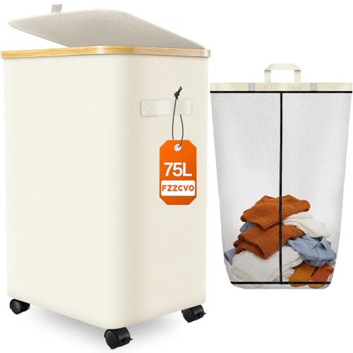 Laundry Hamper with Wheels, 75L Large Clothes Hamper with Removable Inner Bag, Collapsible Dirty Clothes Basket for Dorm, Rolling Dirty Clothes Basket for, Bedroom, Bathroom, Laundry Room - color: Beige, size: 75L
