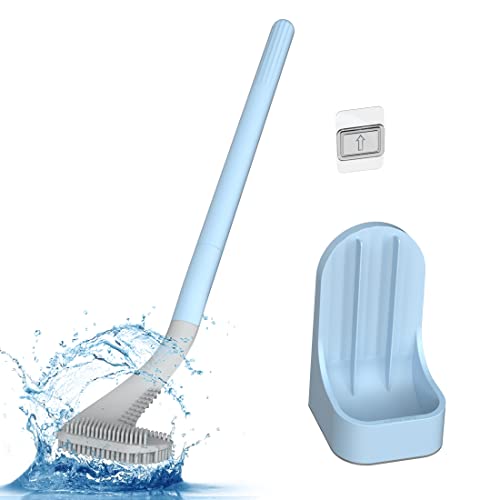 Toilet Brush, Long Handle Golf Toilet Brush with Holder 360° Deep Cleaning Flexible Silicone Toilet Cleaner Brush Wall Mounted for Bathroom (Blue) - color: Blue