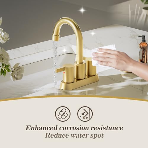 Phiestina Brushed Gold 4 Inch 2 Handle Centerset Lead-Free Bathroom Faucet 2 Pack, Swivel Spout with Copper Pop Up Drain and 2 Water Supply Lines,BF15-1-BG-2PACK - color: Brushed Gold-2pack