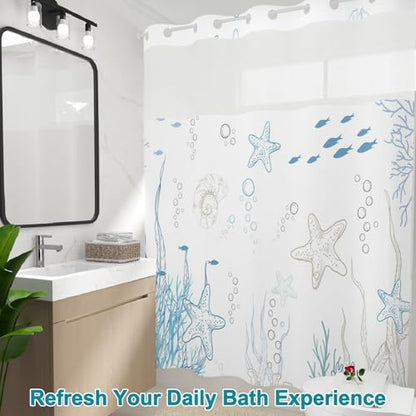 Coastal No Hook Shower Curtain with Snap in Liner, Double-Layer Waterproof Fabric Cloth Shower Curtains with Ventilation Window, Ocean Minimalist Undersea Starfish Blue Shower Curtain, 71x74 Inches - color: Dreamy Ocean World