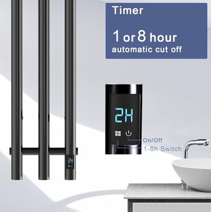 Electric Heated Towel Rack with Timer, Wall-Mounted Towel Warmer, 3 Vertical Bars, Plug-in or Hardwired, 37.4 Inch Height, Round Design (Black) - color: Black