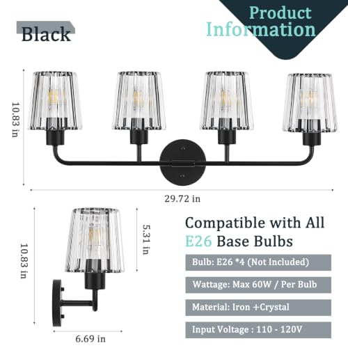 Black Vanity Lights, 4-Light Crystal Bathroom Light Fixtures | Modern Bathroom Vanity Light E26 Wall Light over Mirror (Exclude Bulb) - color: Black, size: 4-Light