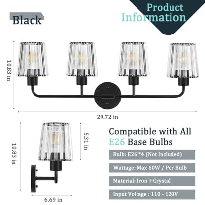 Black Vanity Lights, 4-Light Crystal Bathroom Light Fixtures | Modern Bathroom Vanity Light E26 Wall Light over Mirror (Exclude Bulb) - color: Black, size: 4-Light