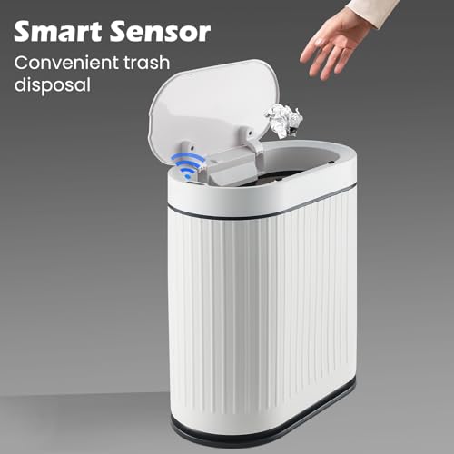 SYNCVIBE Bathroom Sensor Trash Can with Lid, 2 Gallon, White Black | Automatic Garbage Can, 7.5 Liter Smart Trash Bin, Waterproof Plastic Wastebasket for Office and Bedroom - color: White black