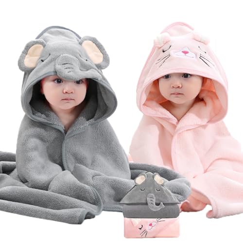 Baby Hooded Towel, 2-Pack Essentials with 31.5x31.5 inch, 2 Designs, Soft Absorbent Bath Towel for Boy and Girl - color: 03 Gray+pink