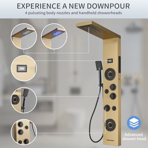 Brushed Gold Shower Panel LED Rainfall Waterfall Shower Head | 6 Functions,Rain Massage,Body Jets,Handheld Shower,Tub Spout,Temperature Display,Wall Mount, Stainless Steel Shower Panel - color: Brushed Gold, style: Shower Panel-LED