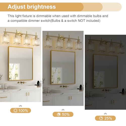Brushed Gold Bathroom Light Fixtures, Square, 4-Light | Vanity Lights with Crystal Shades, Modern Bathroom Lighting Fixtures over Mirror (Bulbs Not Included, E26) - color: Brushed Gold (Square), size: 4-Light