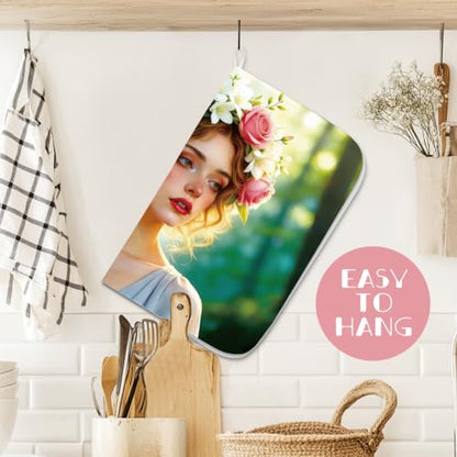 1Pc Lady Floral Dish Mat 23.6 X 17.7 Inch/60 X 45Cm Microfiber Absorbent Drying Pad Heat Resistant Coffee Bar Mats Hanging Loop Garland Butterfly Dishes Drainer Mat For Kitchen Counter, Green - style: Girly Flowers
