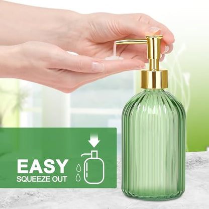 Haturi Glass Bathroom Accessories Set, Green Bathroom Set, 4 Pcs | Kit w/ Bathroom Soap Dispenser Set, Toothbrush Holder, Qtip Holder, Soap Dish, Green Bathroom Decor, Gift for Home Apartment - style: Light Green