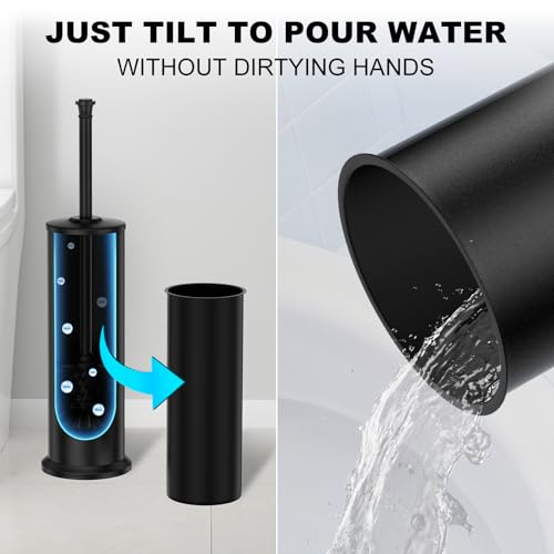 Black Toilet Brush and Holder，Extra Long Handled Toilet Brush for Bathroom，Stainless Steel Heavy Duty Toilet Bowl Brush,Removable Inner Bowl,Deep Cleaning Dense Bristles Cleaner Brush -Space Saving - color: Black