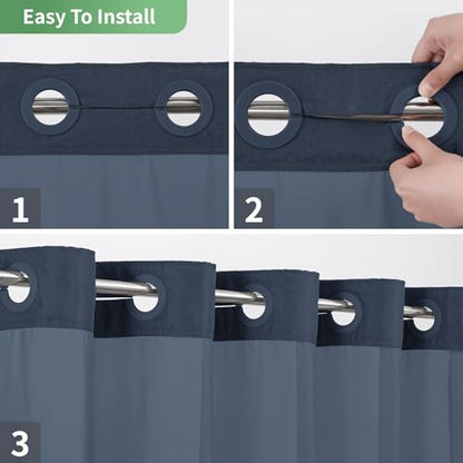 eachope No Hook Shower Curtain with Snap-in Fabric Liner Set,Slub Textured Fabric Shower Curtains for Bathroom,Hotel Style Modern Shower Curtain,Water Repellent & Washable,71x74(72),Navy Blue | Hotel Style Fabric with See-Through Top Window, Water Repelle