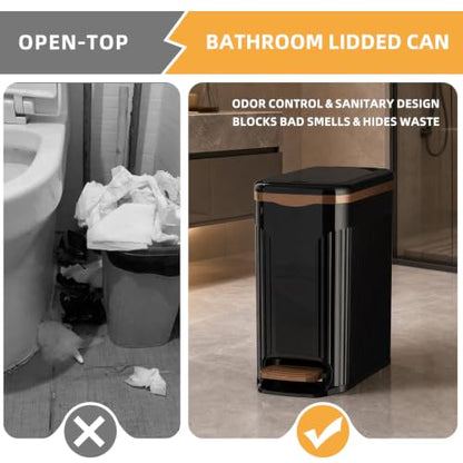 Slim Bathroom Trash Can with Lid, 10L Soft Close Step Pedal Black | Dual Open Step Pedal & Hand Press, 6.49" Ultra Narrow, Hidden Bag Holder, Odor Seal Waste Basket for Kitchen Office Bedroom