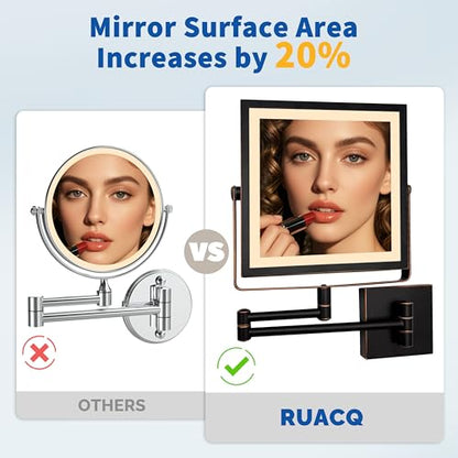 Ruacq Wall Mounted Makeup Mirror with Lights 1X/10X Oil Rubbed Bronze | 8",4000mAh Rechargeable,Magnification,3 Color,Touch Screen Dimmable,360° Rotation Extension Foldable Arm, Square, Women Gift - color: Oil Rubbed Bronze