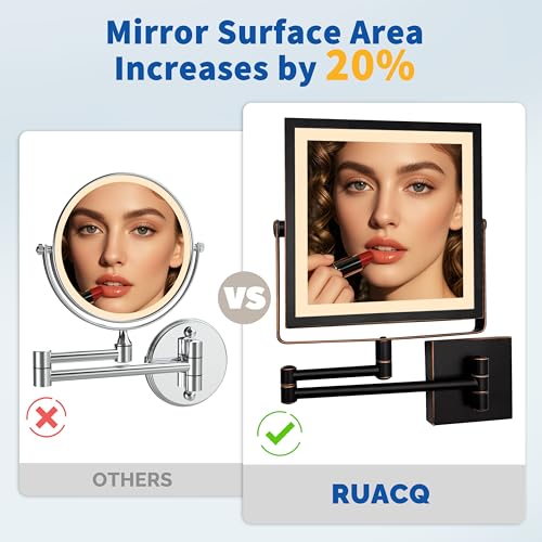 Ruacq Wall Mounted Makeup Mirror with Lights 1X/10X Oil Rubbed Bronze | 8",4000mAh Rechargeable,Magnification,3 Color,Touch Screen Dimmable,360° Rotation Extension Foldable Arm, Square, Women Gift - color: Oil Rubbed Bronze
