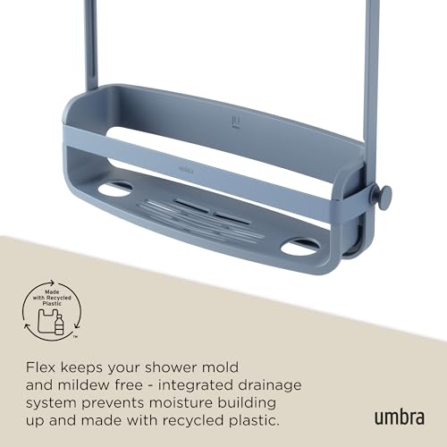 Umbra Flex Shower Caddy, Hanging 2 Shelves Bathroom Organizer, Slate Blue | Flexible silicone bands, drainage system, mold resistant, bottle collars, overhead mount