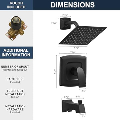 Tub Shower Faucet, Matte Black Shower Faucet Set with valve | 8-Inch Square Rain Shower Head and Tub Spout, Brass Shower System Bathtub Shower Faucet Set Complete, Tub shower faucet set