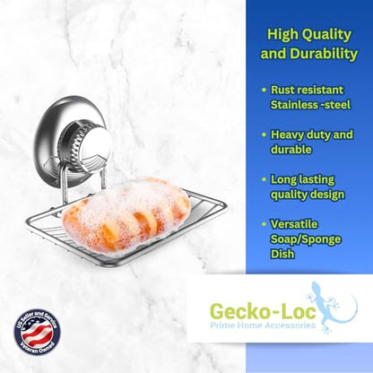 Gecko-Loc Soap Dish Suction mounting Bath soap bar Holder for Bathroom, Metal Bath Shower Bathtub Wall Tile or Kitchen Sink soap or Sponge Dishes - Silver - color: Silver