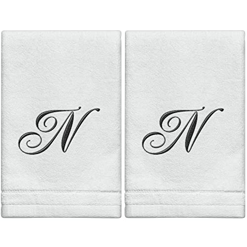 Monogrammed Towels Fingertip, Personalized Gift, 11 x 18 Inches - Set of 2- Black Embroidered Towel - Extra Absorbent 100% Cotton- Soft Velour Finish - For Bathroom/ Kitchen/ Spa- Initial N (White) - color: N