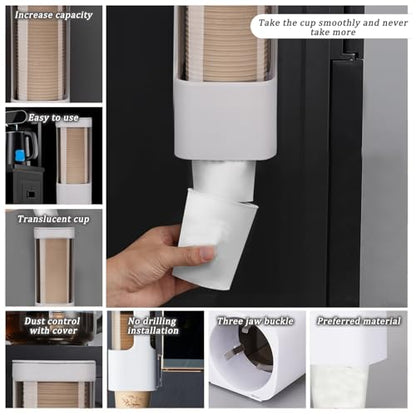 Cup Dispenser Sealed Pull Type Water Cooler Cup Holder Dustproof Wall Mount Bathroom Dispenser with Lid Double Paper Holder for Home, Bathroom, Office