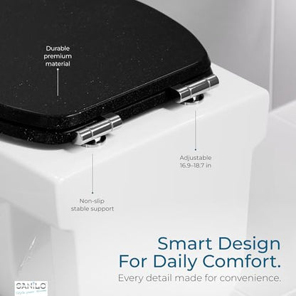 SANILO Wooden Toilet Seat with Soft Close [ROUND] - Decorative, Quiet & Slow Close Molded Wood Seat - With Strong Bumpers & Hinges - Adjustable Fit – Glittering Black - color: Glittering Black