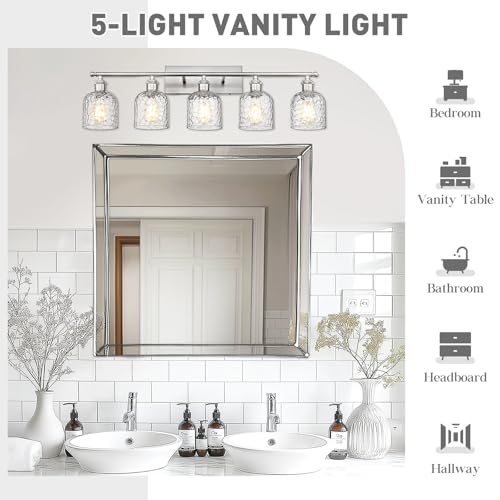 zeyu Modern Brushed Nickel Bathroom Lights Fixture, 35 Inch 5 Light Vanity Lighting Over Mirror, Brushed Nickel Finish with Clear Hammered Glass, ZJF63B-5W BN - color: Brushed Nickel|Hammered Glass, size: 5-Light