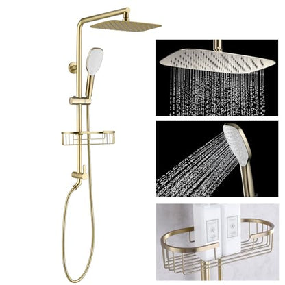 SonTiy Rain Shower Head with Handheld Spray and Shower Shelf Caddy, 12Inch Shower Head System with Height Adjustable Holder Compelete Shower Set, Brushed Gold - color: Brushed Gold, style: 1.8 Gallons Per Minute-Square