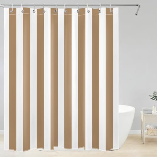 LB Brown Striped Shower Curtain Decor, Vintage Aesthetic Tan and White Vertical Stripe Shower Curtain for Bathroom 60" W x 72" L Polyester Fabric Bathroom Decoration Bath Curtains Hooks Included - color: Brown, size: 60"W x 72"L (Pack of 1)