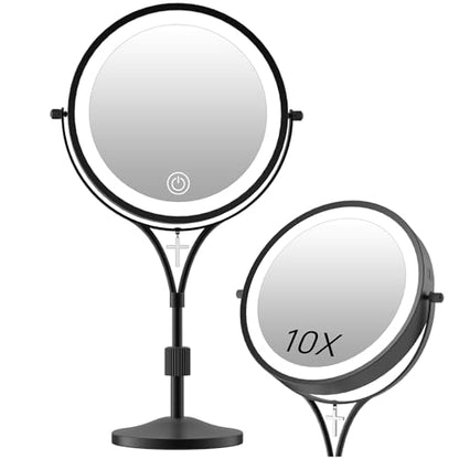 7" Lighted Makeup Mirror with Lights and 1X/10X Magnification,Black | Double Sided Standing Magnifying Vanity Mirror with Light, Blessed Cross, Height Adjustable, Rechargeable, Dimmable, Light Up