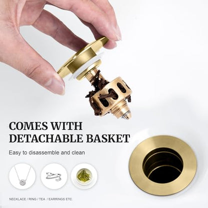 Pop up Sink Drain Stopper Without Overflow Brushed Gold for Bathroom Vessel Vanity Sink Art Basin, Big Cap Sink Drain Without Overflow, Metal Pop-up Drain Strainer with Detachable Basket Stopper - color: Gold Brushed, style: without overflow