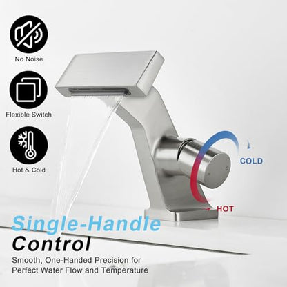 BAKALA Bathroom Sink Faucets Brushed Nickel, Waterfall Bathroom Faucet 1 Hole, Single Handle Brass Bathroom Faucet Deck Mount with 2 Supply Hoses for Basin Lavatory Vanity - color: Brushed Nickel
