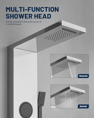 5 In 1 Shower Panel Brushed Nickel Shower Tower System | with Rainfall Waterfall Shower Head 3 Body Jets Handheld Shower Head and Tub Spout Modern Massage by Homevacious - color: Brushed Nickel