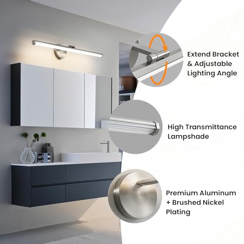 KAISITE Bathroom Light Fixture Over Mirror 30IN Brushed Nickel LED Vanity Light 24W 3000K Dimmable Modern Bathroom Wall Mount Lighting Fixture Rotatable Bath Vanity Light Bar - color: Brushed Nickel, size: 30 Inch