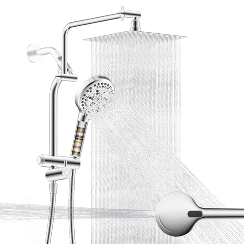Metal 10" Rain Showerhead with 10-Spray Filter Handheld, 4-way Diverter | Chrome Finish, NSF/ANSI/CAN 372 Certified, High Pressure Shower Head with Pause Mode, 71" Stainless Steel Hose/12" Shower Arm - color: Chrome, style: Square 10"