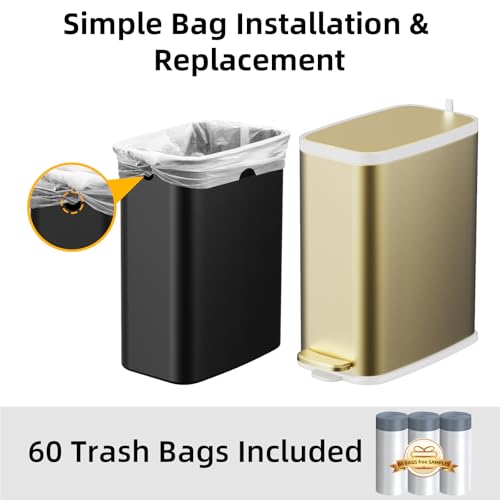 KdbK Champagne Gold Bathroom Trash Can with Lid Soft Close,1.6 Gallon Slim Garbage can,Small Metal Step Wastebasket for Office, Bedroom, Toilet, Live Room - color: Champagne Gold