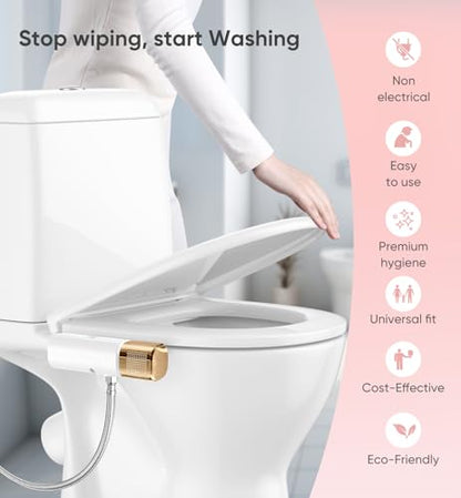 Ultra-Slim Bidet Attachment, Posterior&Feminine Wash-(Retractable Dual Nozzles), Non-Electric Bidet Attachment for Toilet Seat, Adjustable Fresh Cold Water Pressure, Stainless Steel Inlet (Gold)