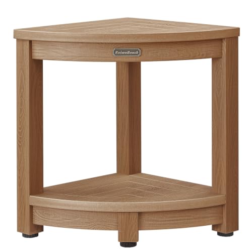 Heavy Duty Corner Shower Bench Waterproof Shower Stool Foot Rest, Teak | HDPS material, with Adjustable feet, Storage Shelf, Anti-Rotting, Non-Slip, Save Space, No-Maintenance - color: Teak