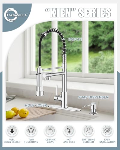 Kitchen Faucet with Soap Dispenser, Kitchen Faucet with Deck Plate and Dual Function Spray Head, Chrome Faucet for Camper Farmhouse RV Kitchen Sink, Single Handle Stainless Steel Sink Faucet - color: E.Chrome Polished, style: 1.Faucet+Soap Dispenser+Hole