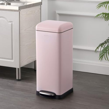 happimess Betty 8 Gal Step Trash Can Soft-Close Lid, Blush Pink | Removable Liner, Semi-Rectangular, Steel Pedal, Iron Powder Coated, 27" Height, Non-Skid Base - color: Blush Pink