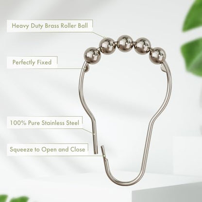 Shower Curtain Hooks, Decorative Shower Curtain Hooks Smooth, 12pcs Shower Hooks and 13ft Clear Curtain Hooks Prevents Shower Hooks from Snagging - color: Brushed Nickel+curtain Tape, style: Single Hooks