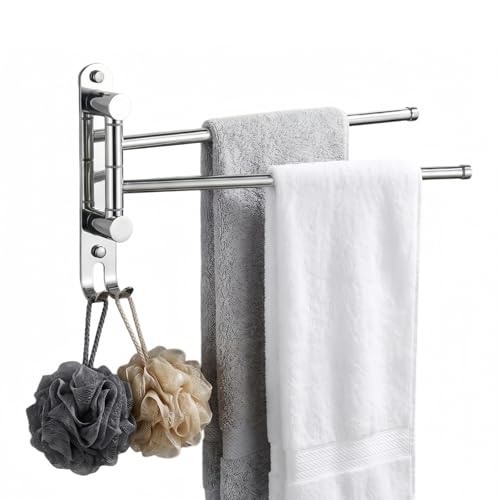 Swivel Towel Rack Wall Mounted, 1/2/3/4-Bar Options, 12.8" Long Arm SUS304 Stainless Steel, No Drill Adhesive 180° Rotating, Heavy Duty Rustproof Towel Bar for Bathroom Kitchen (Holds 30 lbs) - color: 2-bar