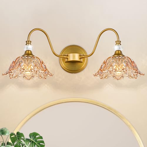 Vintage Bathroom Vanity Light, 2-Light Matte Brass Finish Vanity Light with Floral Amber Glass Shades, Retro Wall Sconce for Bathroom, Dressing Table - color: Brass and Amber, size: 2-Light