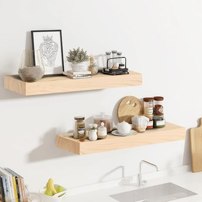 Solid Wood Floating Shelves, 17 Inch Wall Shelves, Set of 2, Wood | 8 Inch Deep, 1.6 Inch Thick, Extra-Wide Display Space, Mounting Hardware Included, For Kitchen, Bathroom and Living Room - color: Wood, size: 17x8x1.6