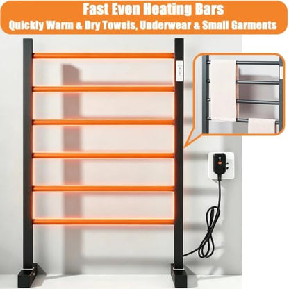 Freestanding Heated Towel Rack Matte Black | 6 Bars Electric Towel Warmer with Digital Timer Control Wall Mount & Floor Standing 2 in 1 Towel Drying Rack for Bathroom - size: 53*80