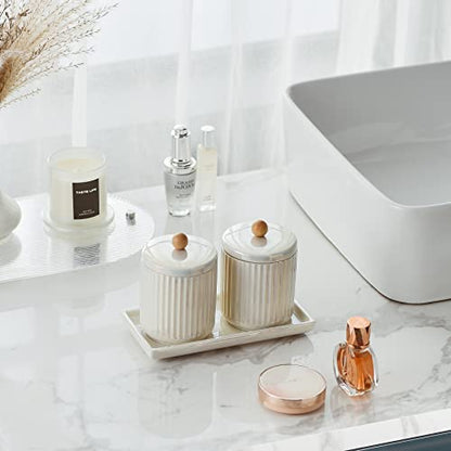 Ceramic Bathroom Canister Set with Coordinating Small Vanity Tray White | Qtip Holder Dispenser for Cotton Ball ,Swab,Pads , Floss, Bathroom Storage Jars with Lids White Small Tray