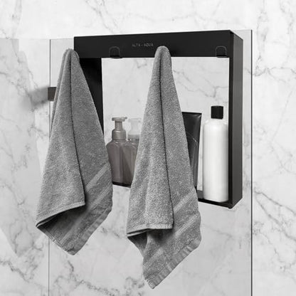 Hanging Shower Shelf with Hooks for Shower Glass Panels | 20"x16" Matte Black 304 Stainless Steel | Bathroom Caddy |No-Drill, No-Rust, Modern Design - color: Matte Black