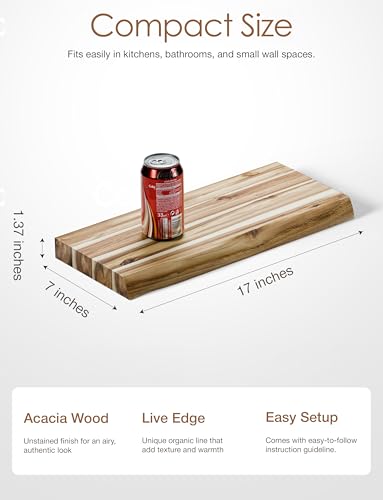 BATODA Acacia Live Edge Floating Shelves, Wall Mounted, 17", Set of 2 Pcs | Assembly Required, Hardware Included, Floating Style, Hidden Bracket, Fit Small Spaces, 100LBS Capacity Each, Rustic Style - color: Natural, size: 17 Inch Length