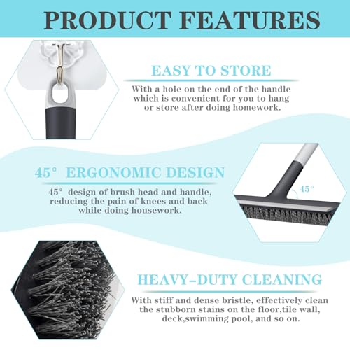AONEZ Floor Scrub Brush with Long Handle - Adjustable Handle 2 in 1 Scrape and Heavy-Duty Stiff Bristle Floor Scrubber Brush for Cleaning Bathroom, Kitchen Patio Tile Garage and Deck
