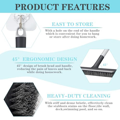 AONEZ Floor Scrub Brush with Long Handle - Adjustable Handle 2 in 1 Scrape and Heavy-Duty Stiff Bristle Floor Scrubber Brush for Cleaning Bathroom, Kitchen Patio Tile Garage and Deck